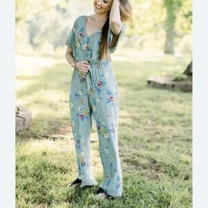 As U Wish XL Jumpsuit Green Floral Tie Front Medium Gray Green